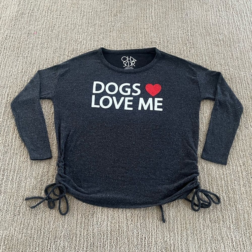 Chaser Grey "Dogs Love Me" Crewneck Sweatshirt with Ties on the Sides